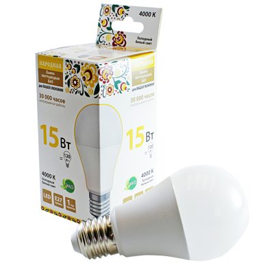 Лампа LED 15W 220V 4000K, E27 A60 народная