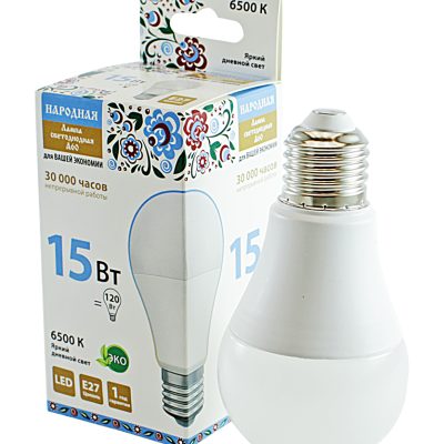 Лампа LED 15W 220V 6500K, E27 A60 народная